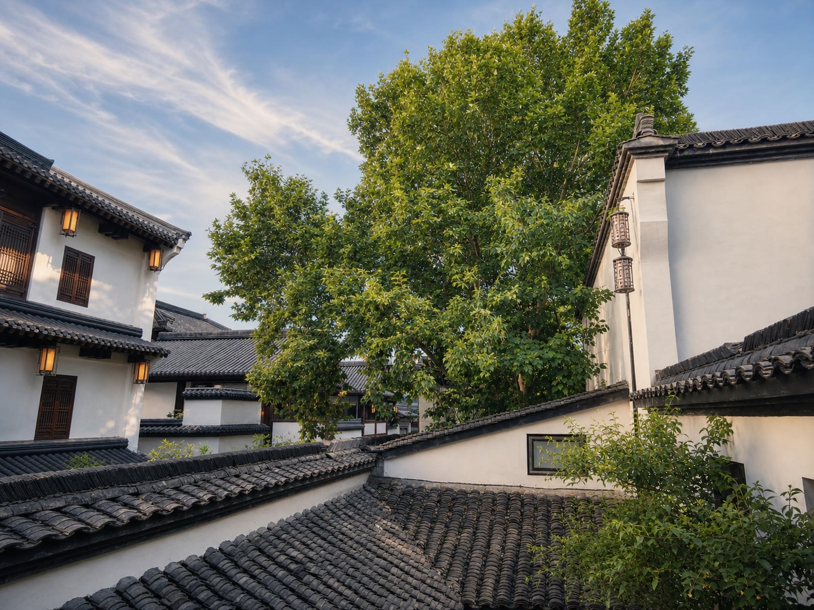Loft King Room: Sycamore trees and tiled roofs outside
