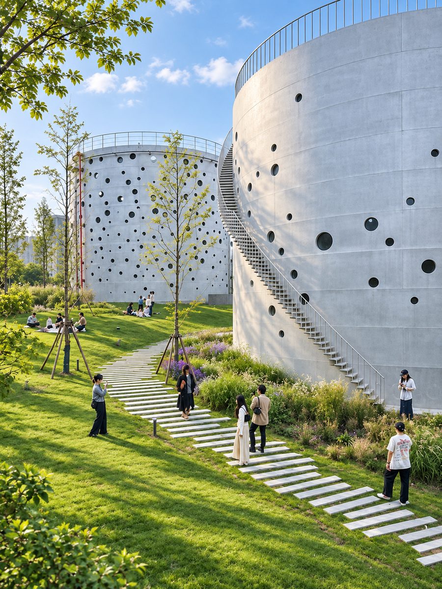 Silos and paths in Xiaohe Park