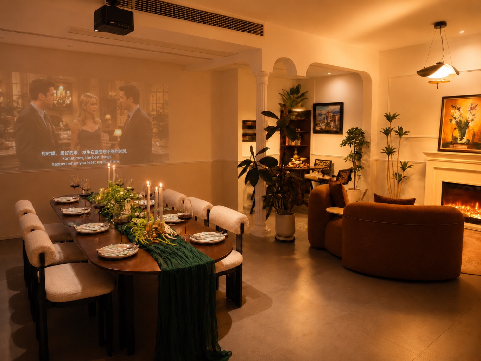 Warm shared dining and lounge space