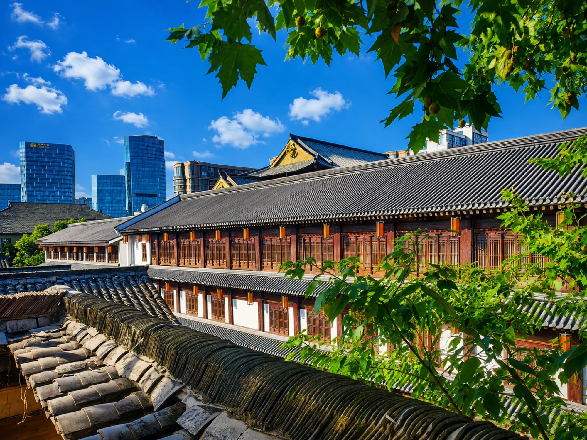 Traditional rooftops of Xiangji Temple near the homestay